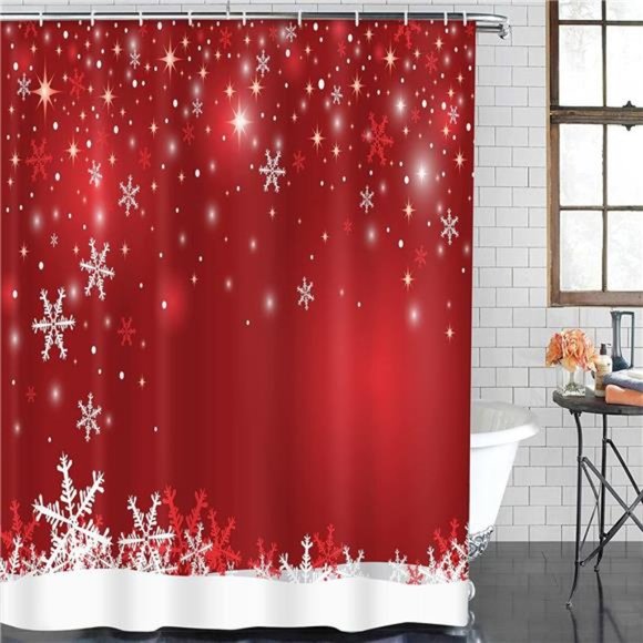 4 Pcs Shower Curtain Christmas Snowflake Red Winter |  Bath Mat Bathroom Decor - Picture 5 of 8
